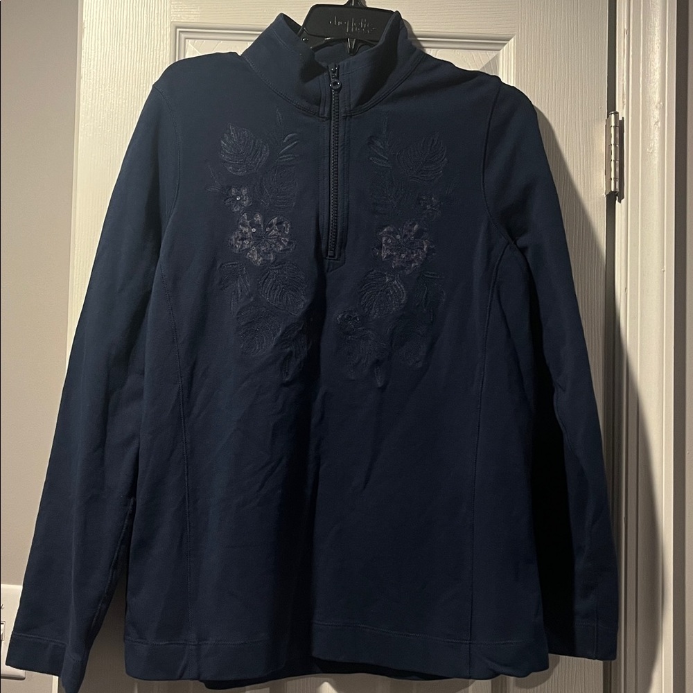 Tommy Bahama Floral Embroidered 1/4 Zip Sweatshirt L Women's Navy Blue Stretchy